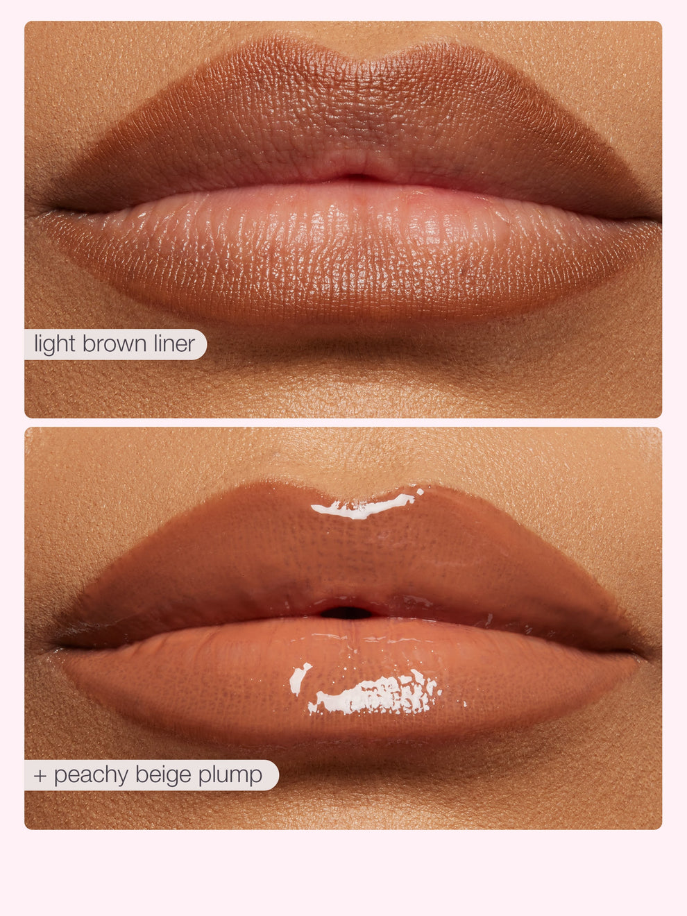 Close-up of lips with 'light brown liner' and 'peachy beige plump' makeup application.