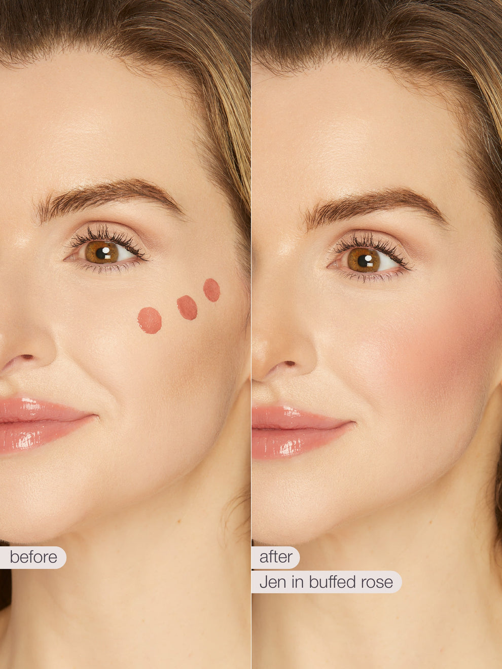 Before and after comparison of a woman's face with makeup application labeled 'Jen in buffed rose'.