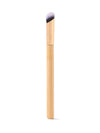 Makeup brush with wooden handle and black bristle head on a white background