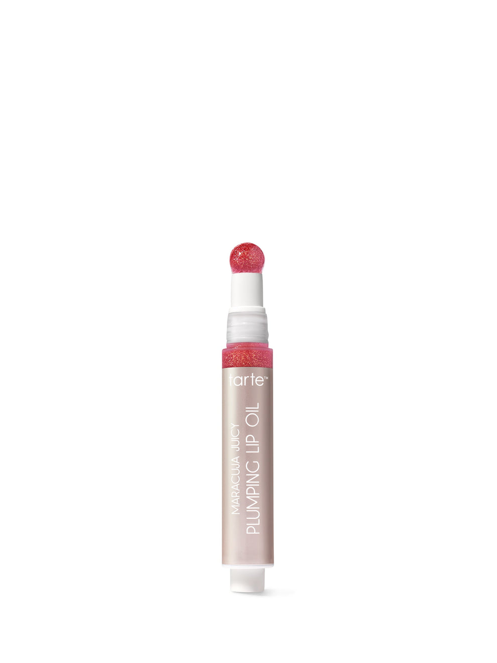 Lip oil with pink cap and label on a white background