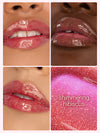 Collage of lips wearing a pink lip gloss with close-up and color swatch.