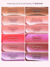 Collection of lip plumping oil shades with names on a white background