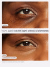 Before and after comparison of eye makeup application on a person's eye, showing coverage of dark circles and blemishes.