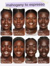 A shade guide to tarte shape tape creamy concealer showing eight portrait photos of a woman with different skin tones titled  'mahogany to espresso'