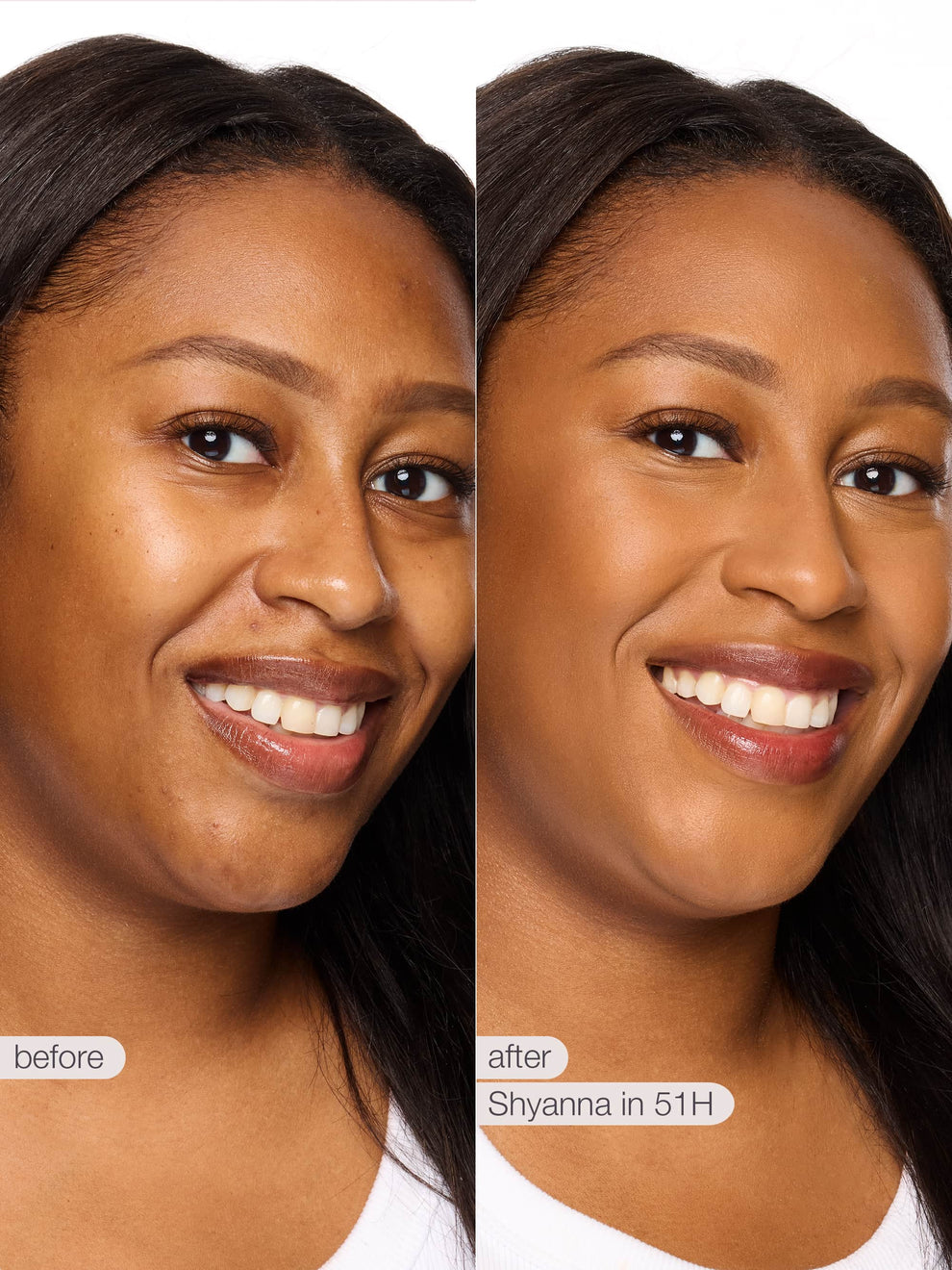 Before and after comparison of a woman's face with cosmetic application labeled 'Shyanna in 51H'.