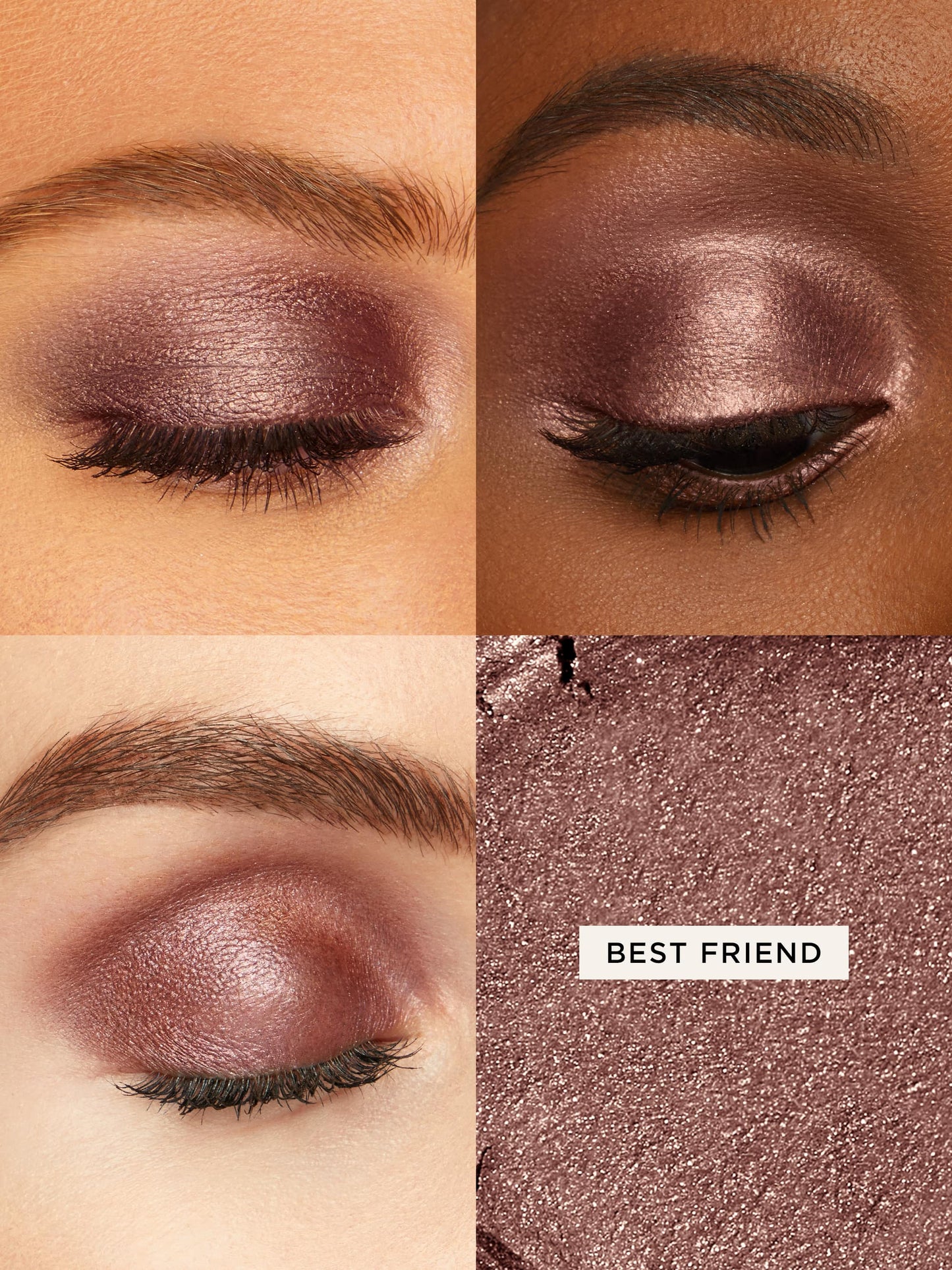 Close-up of eye makeup with a brownish-purple shade labeled 'Best Friend'.