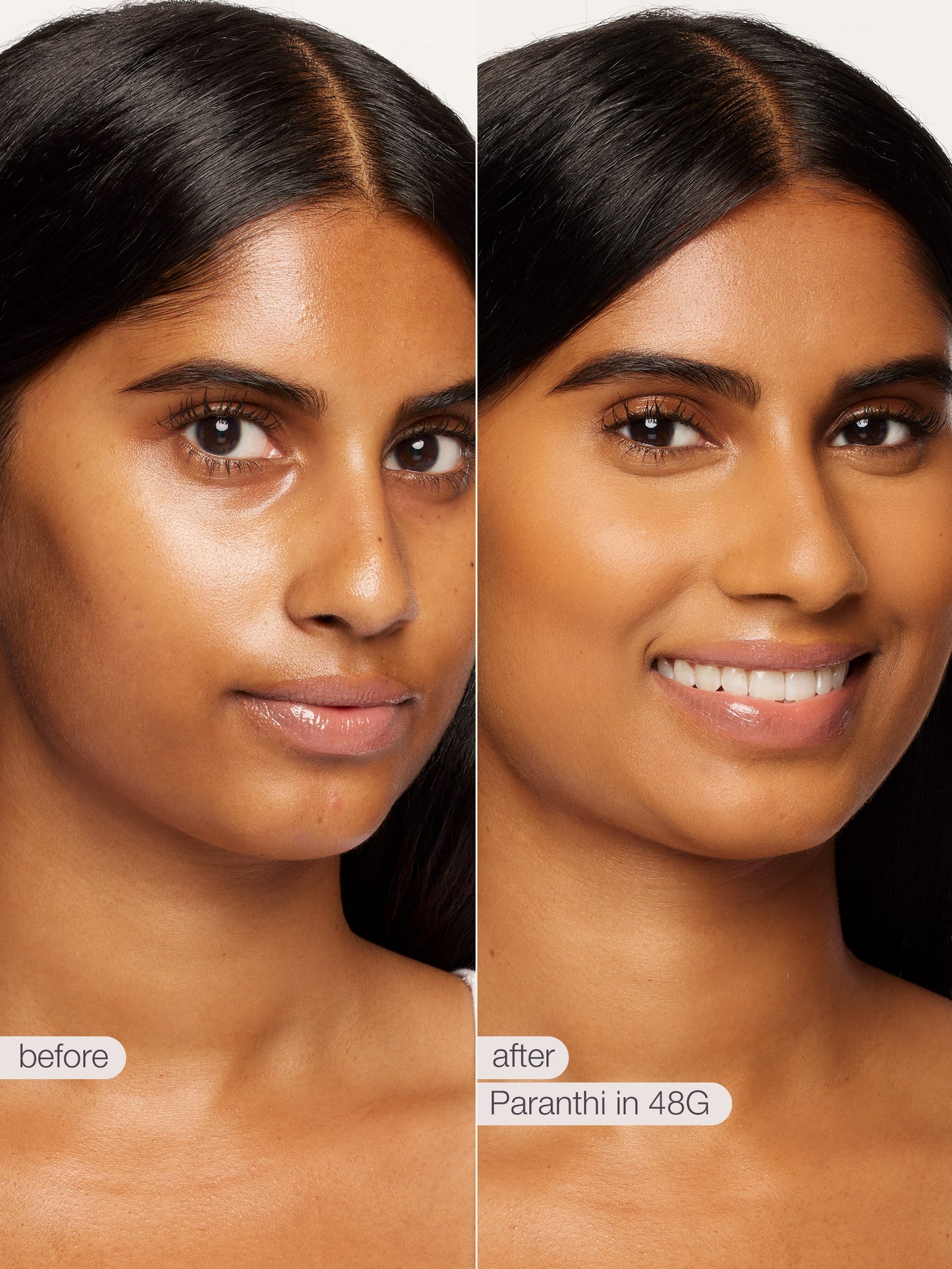 Before and after comparison of a woman's face with Paranthi in 48G product application.