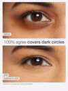 Before and after comparison of eye makeup application on a person's eye, with text indicating product effectiveness.