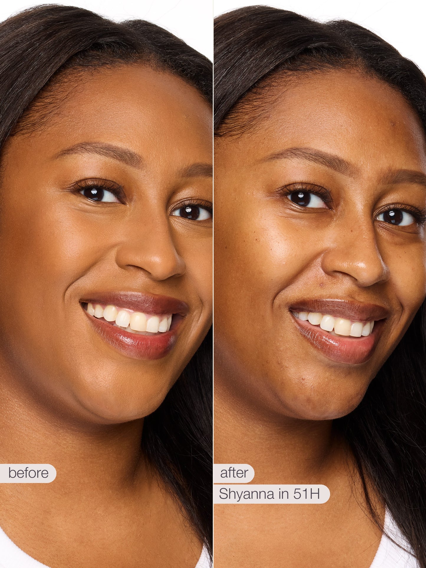 Before and after comparison of a woman's face with cosmetic application labeled 'Shyanna in 51H'.