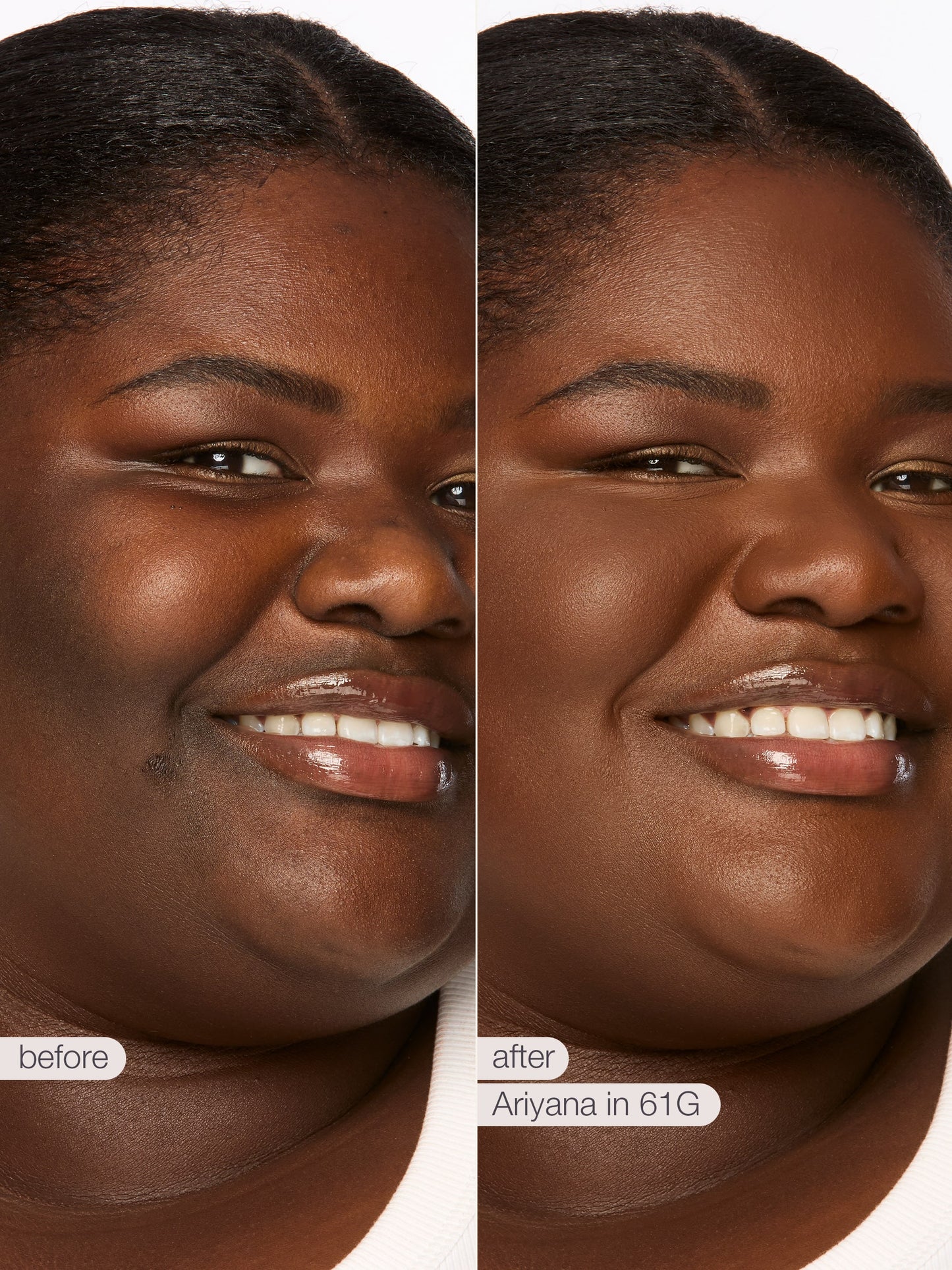Before and after comparison of a woman's face with cosmetic product application.