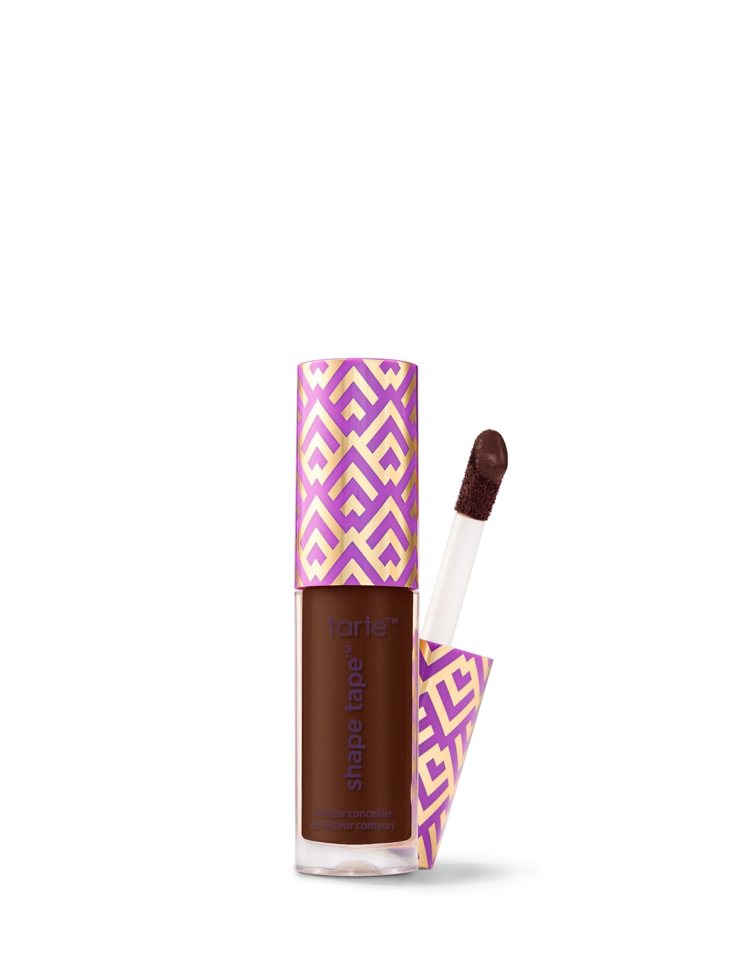 Concealer bottle with purple and yellow patterned cap and applicator on a white background