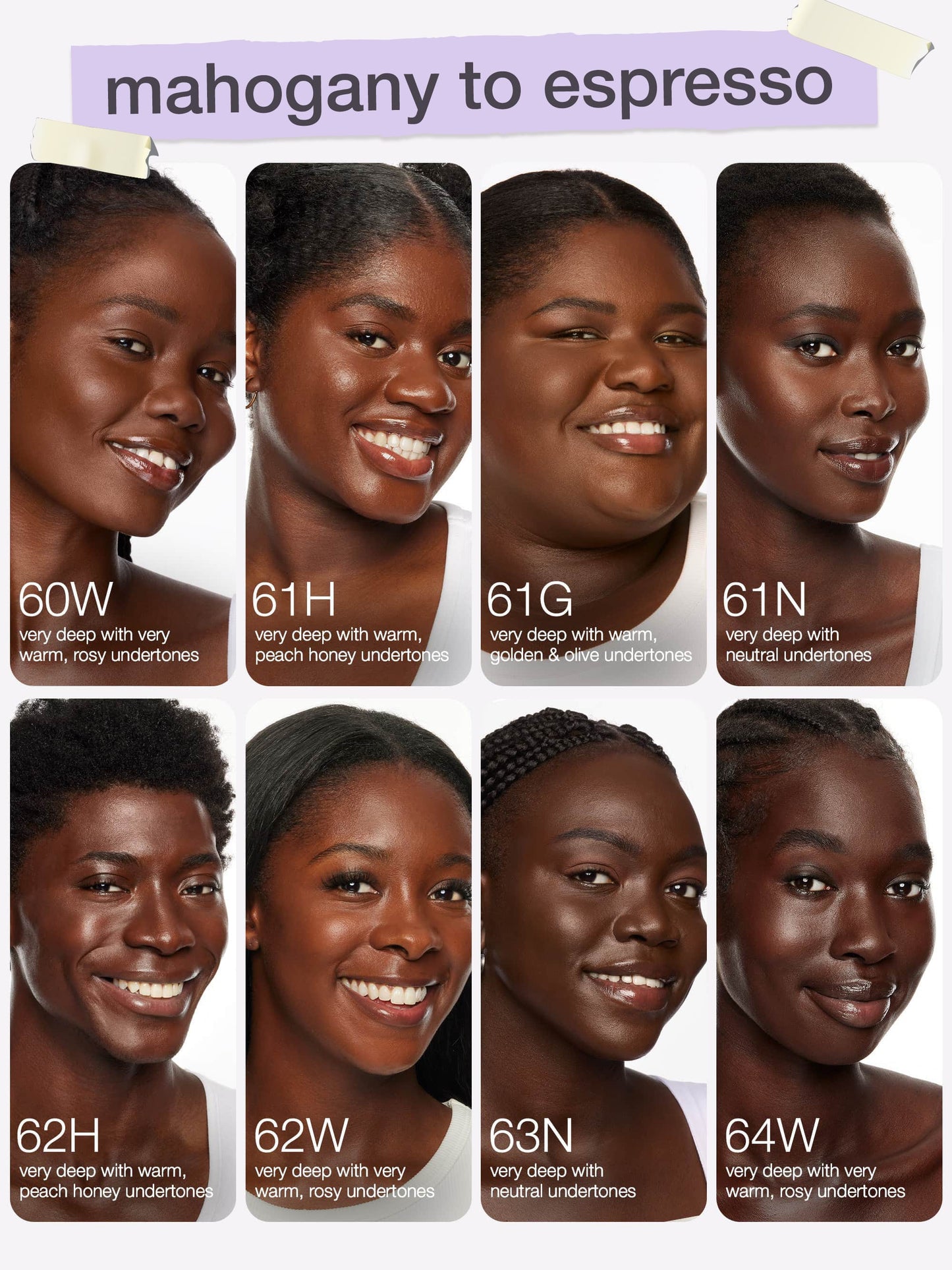 Color swatch chart showing skin tones from mahogany to espresso with model faces.