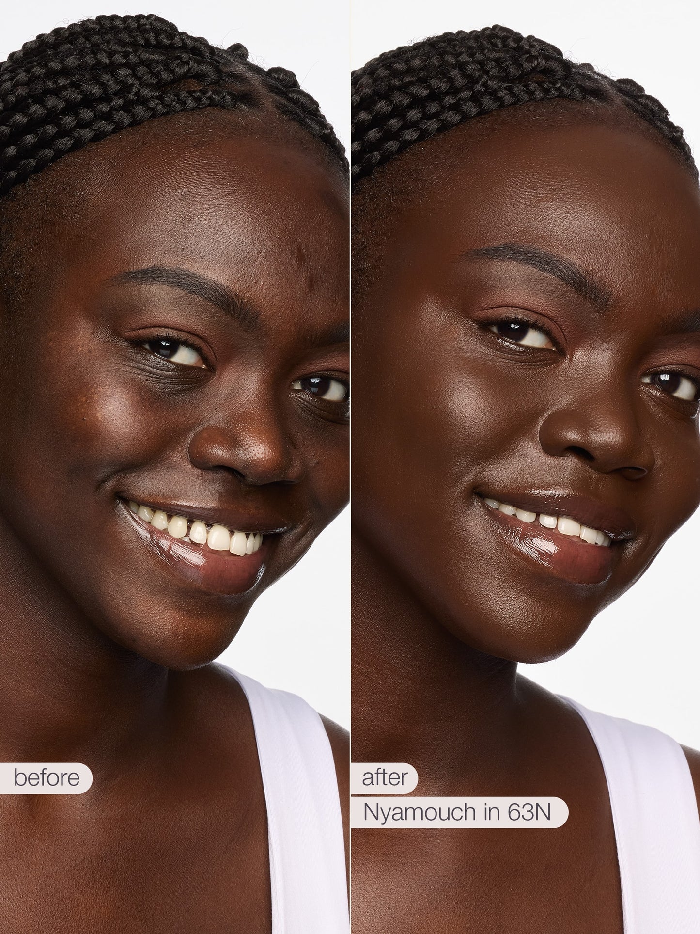 Before and after comparison of a woman's face with cosmetic effects applied.