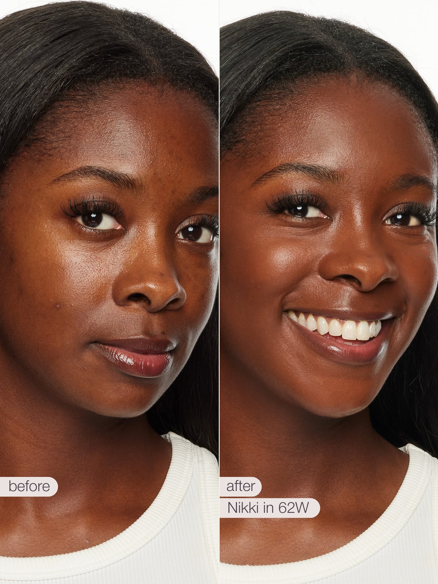 Before and after comparison of a woman's face with text indicating product name and color.