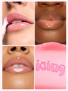 Collage of lips with lip gloss application and a pink product labeled 'icing'.