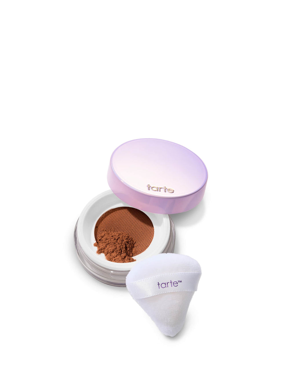 Tarte cosmetic product with open lid showing brown powder on a white background