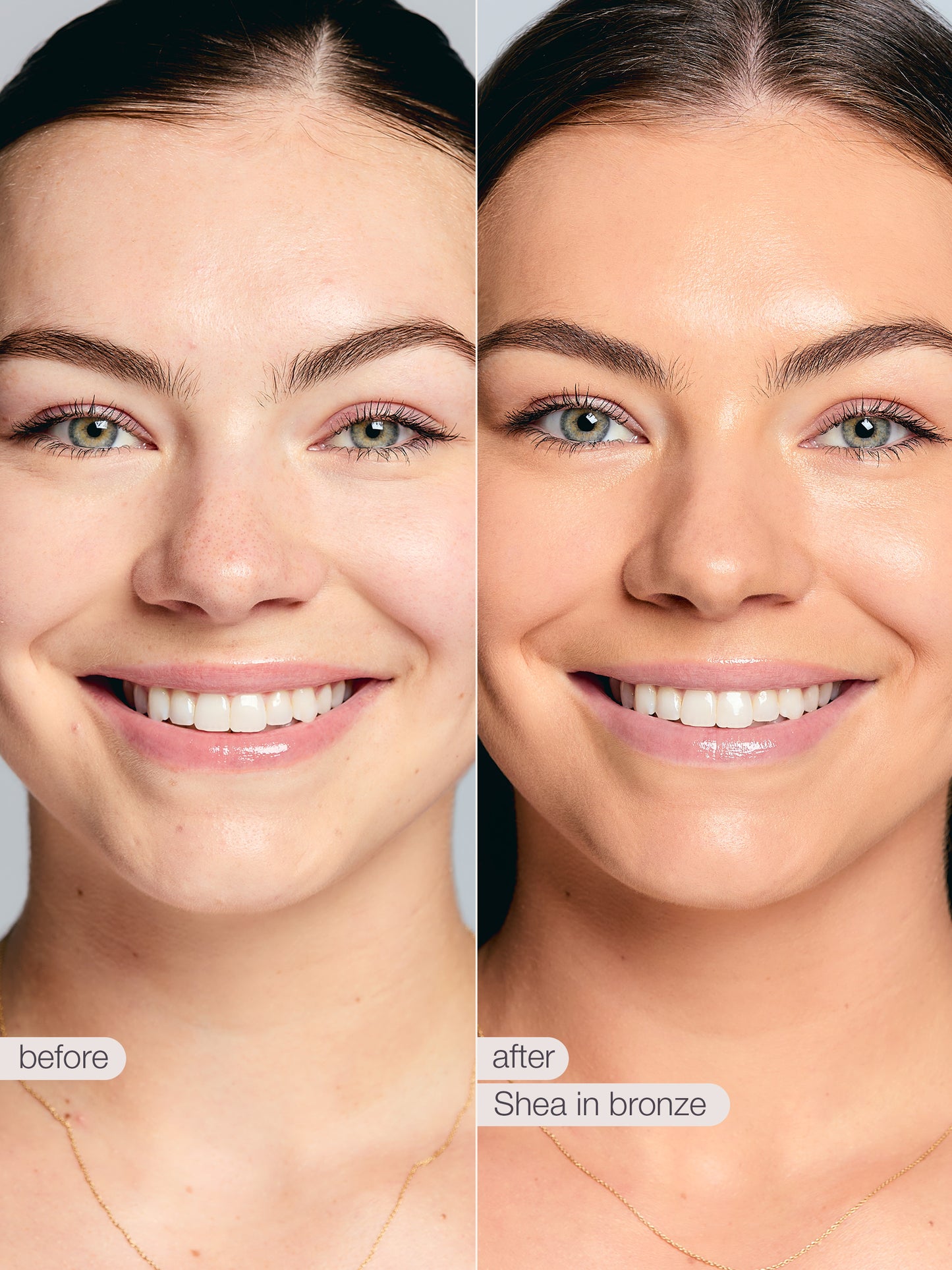 Before and after comparison of a woman's face with 'Shea in bronze' makeup application.