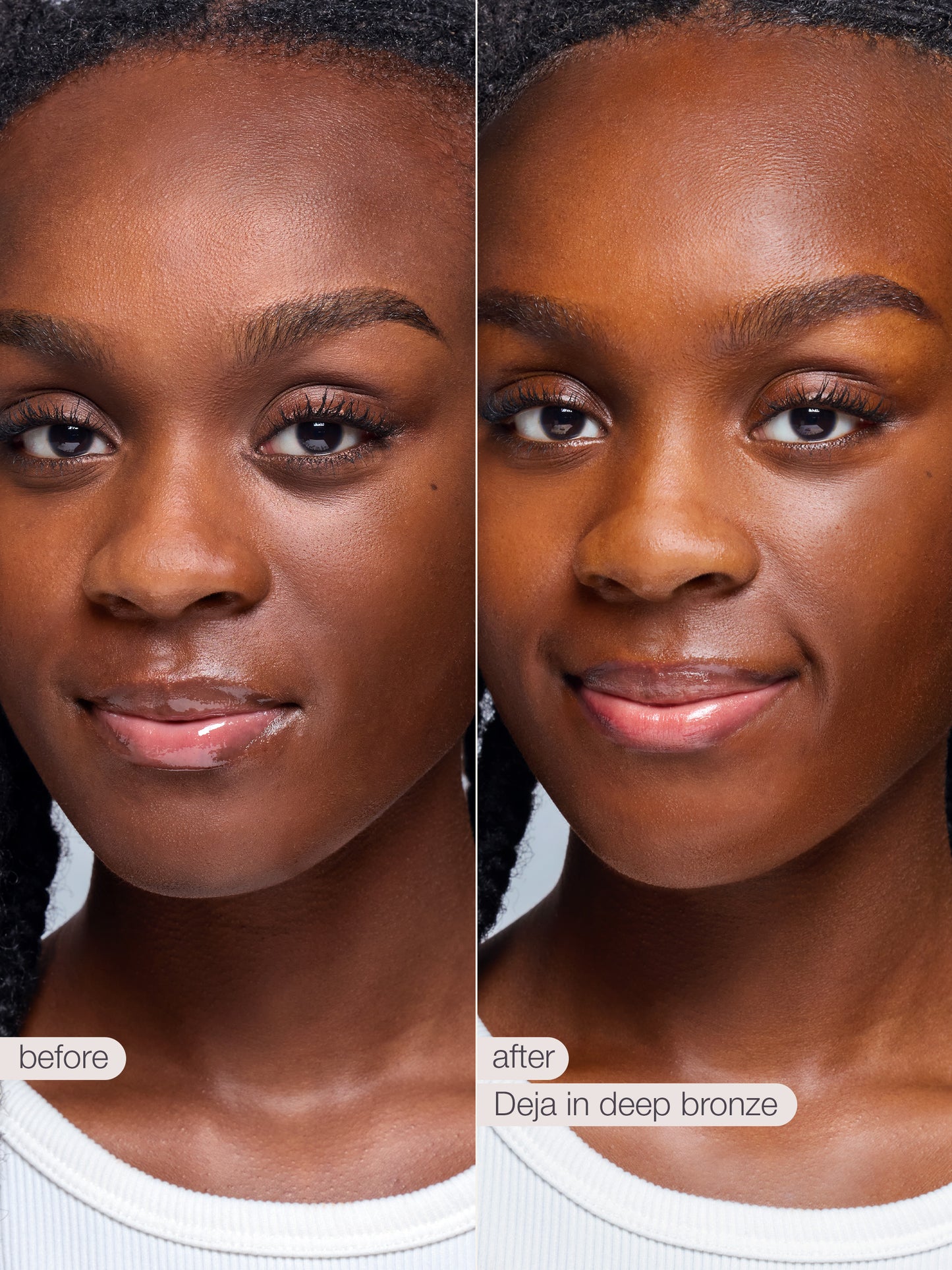 Before and after comparison of a woman's face with makeup application labeled 'Deja in deep bronze'.