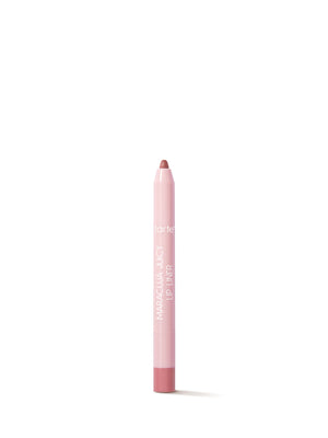 Crayon à lèvres rose avec le nom de la marque sur fond blanc