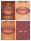 Lipstick shade swatches labeled 'dusty rose' on a neutral background