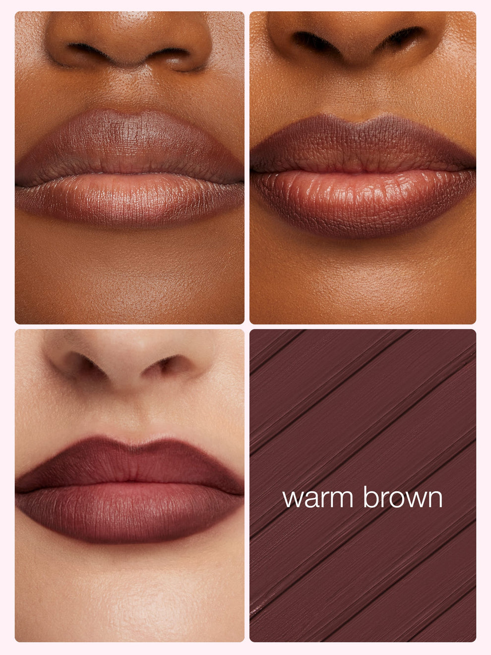 Close-up of lips with a warm brown lipstick shade and color swatch.