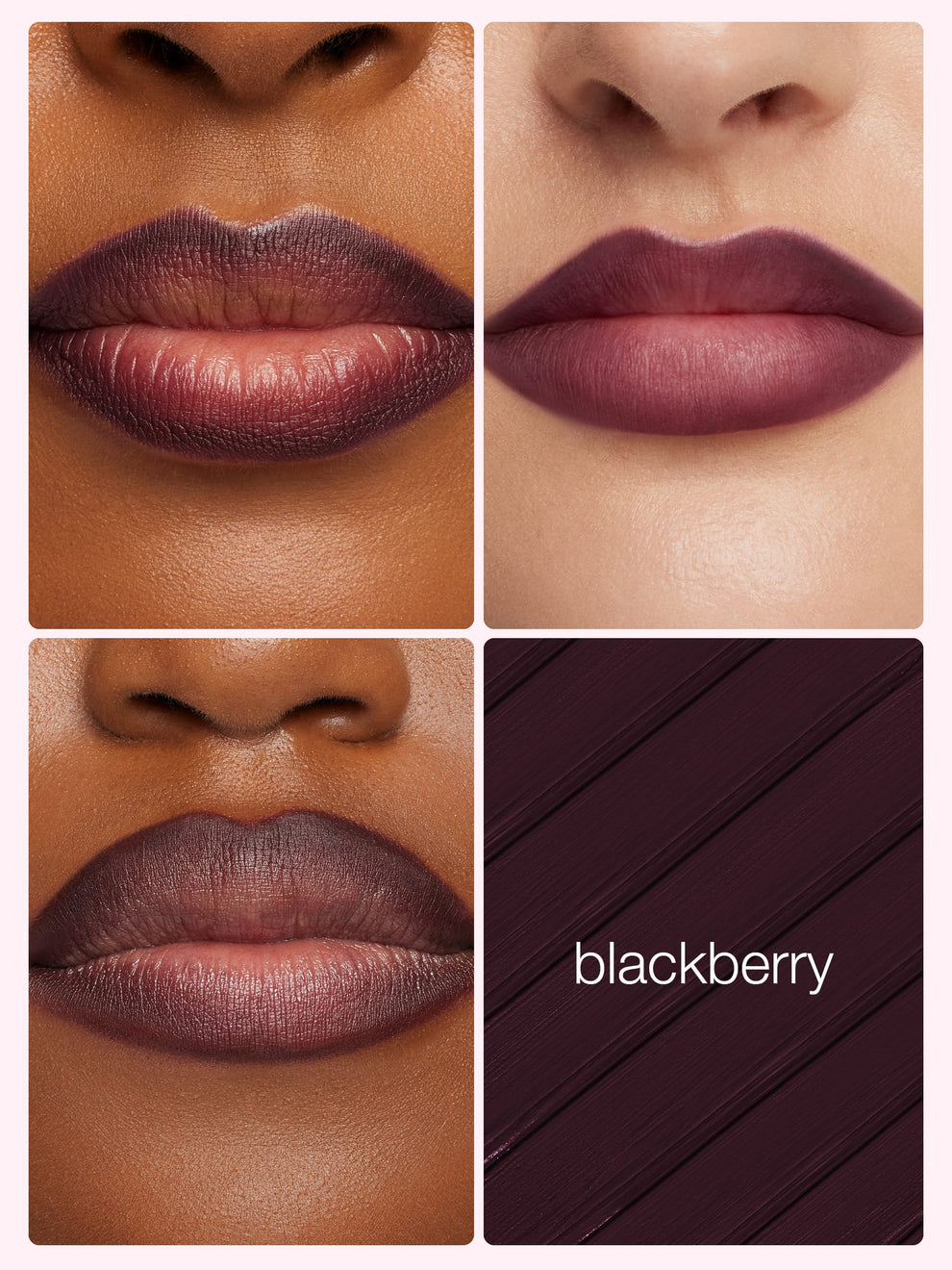 Collage of a lipstick shade named 'Blackberry' applied to different skin tones.