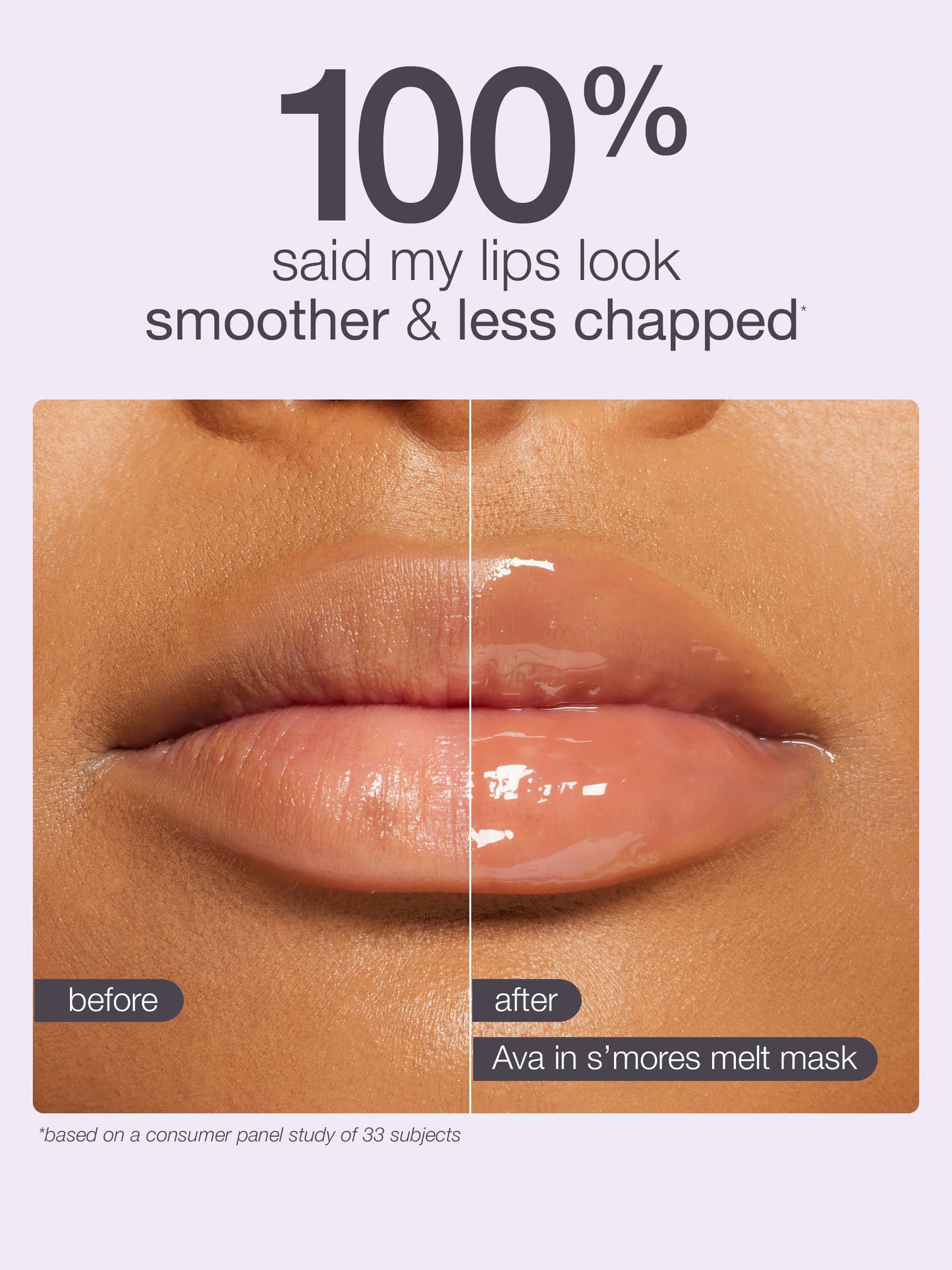 Before and after comparison of lips using a s'mores melt mask with text indicating results.