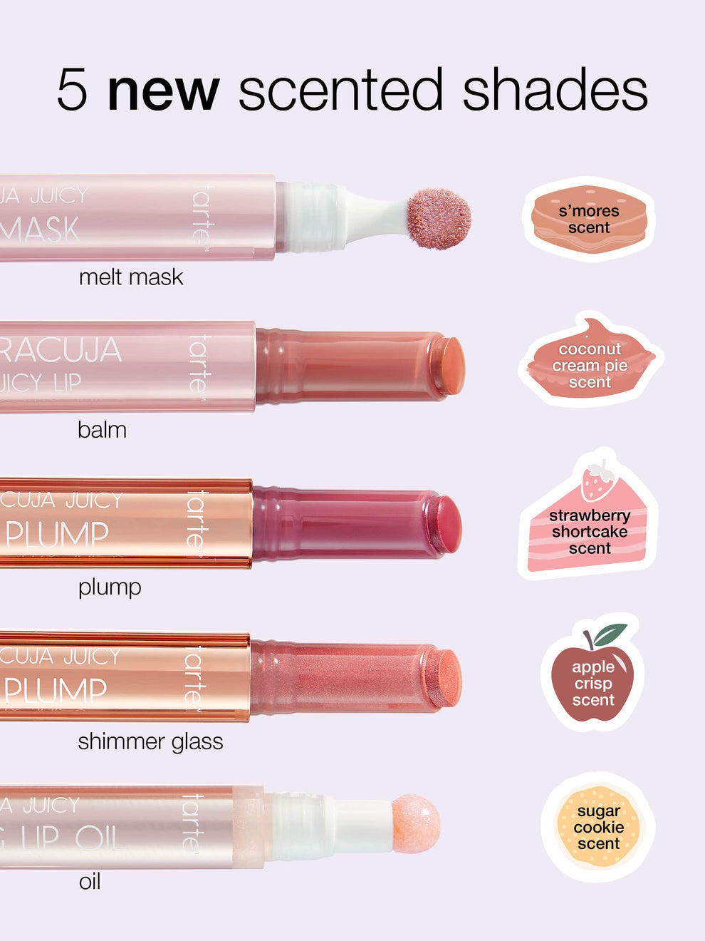 Lip products with scented labels on a light purple background