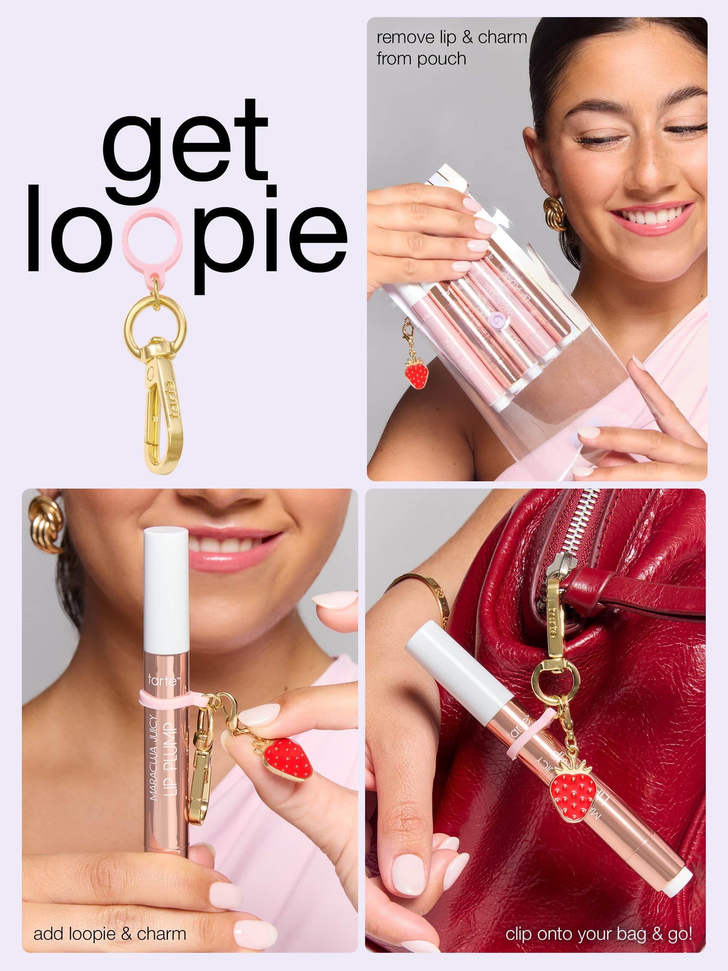 Collage of a lip gloss product with a charm, being held, and attached to a bag.