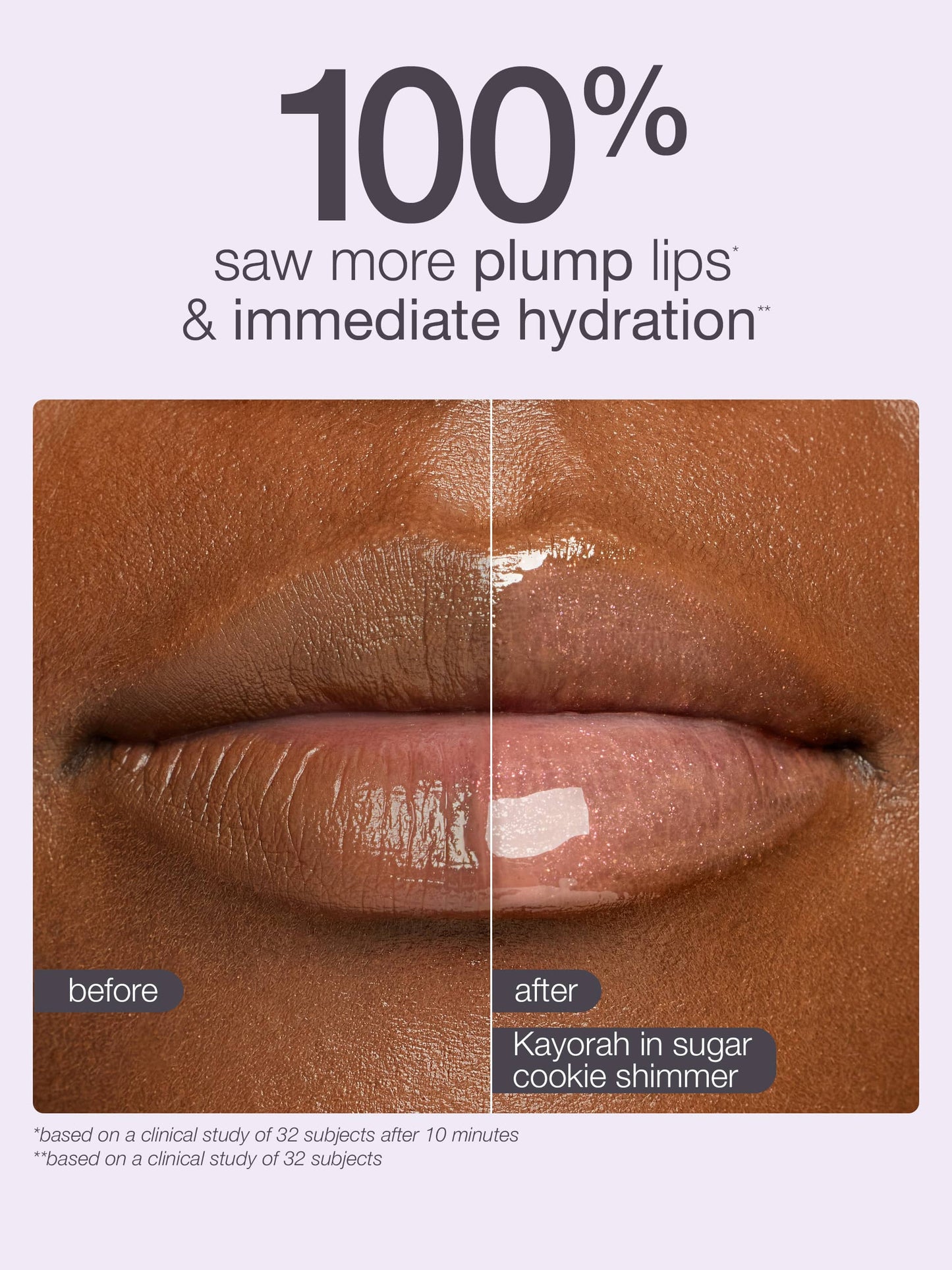 Before and after comparison of lips with Kayorah lip product in sugar cookie shimmer on a beige background.