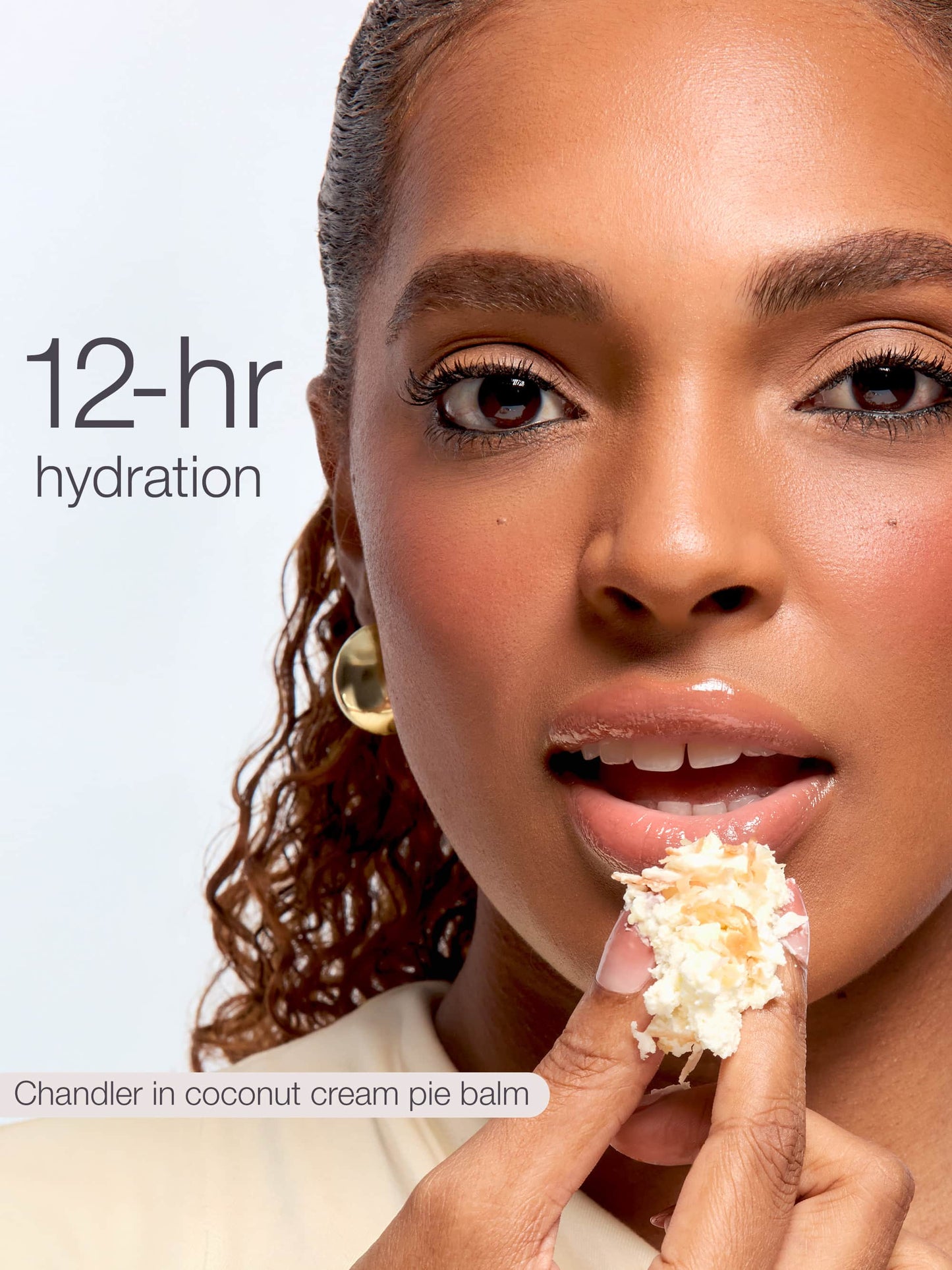 Woman applying coconut cream pie balm to her lips with text '12-hr hydration' and 'Chandler in coconut cream pie balm'.
