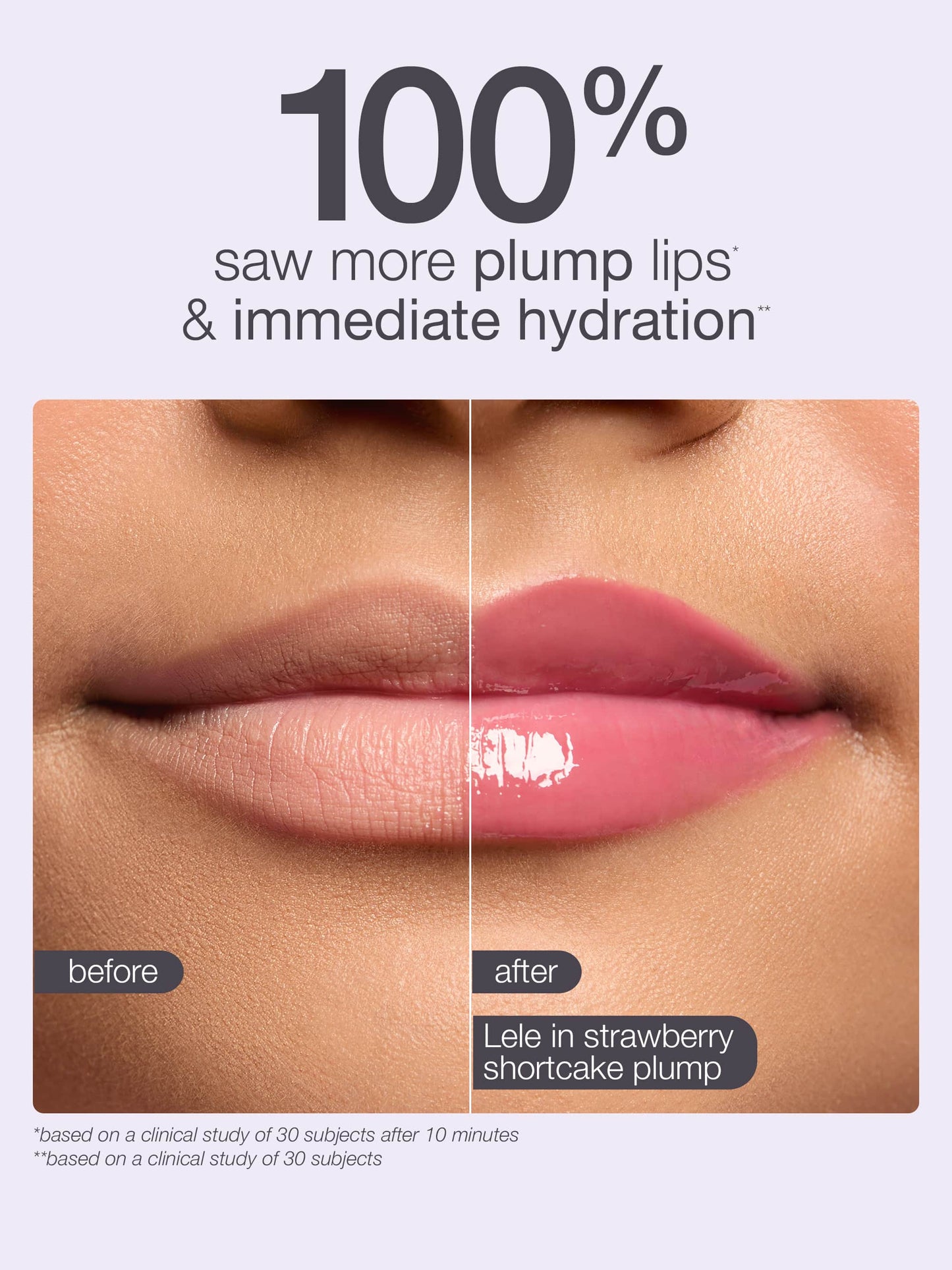 Before and after comparison of plump lips with text about product effects.