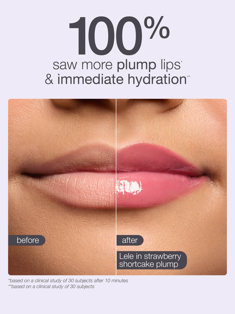 Before and after comparison of plump lips with text about product effects.