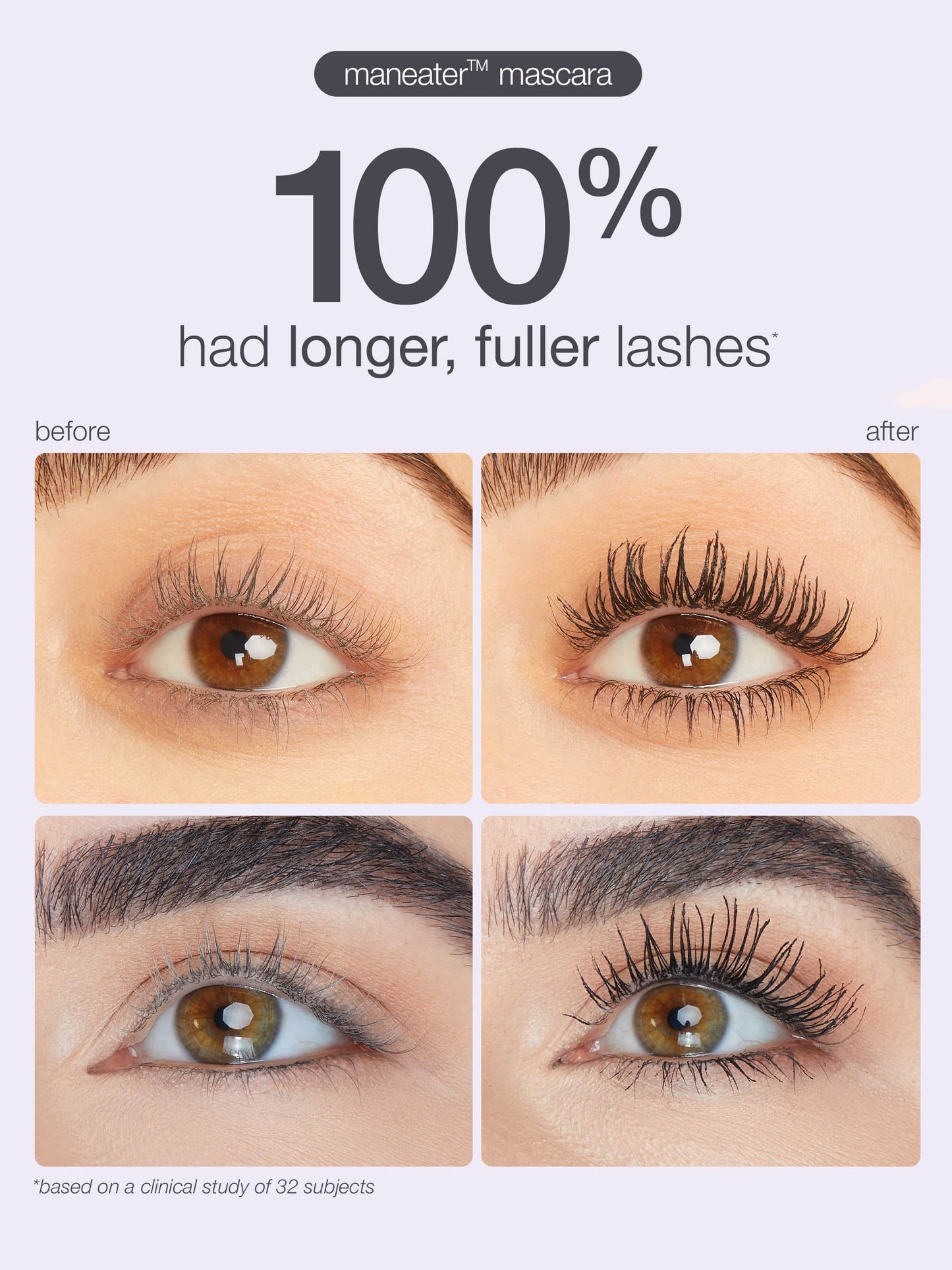 Before and after comparison of eyes with maneater mascara showing longer, fuller lashes.