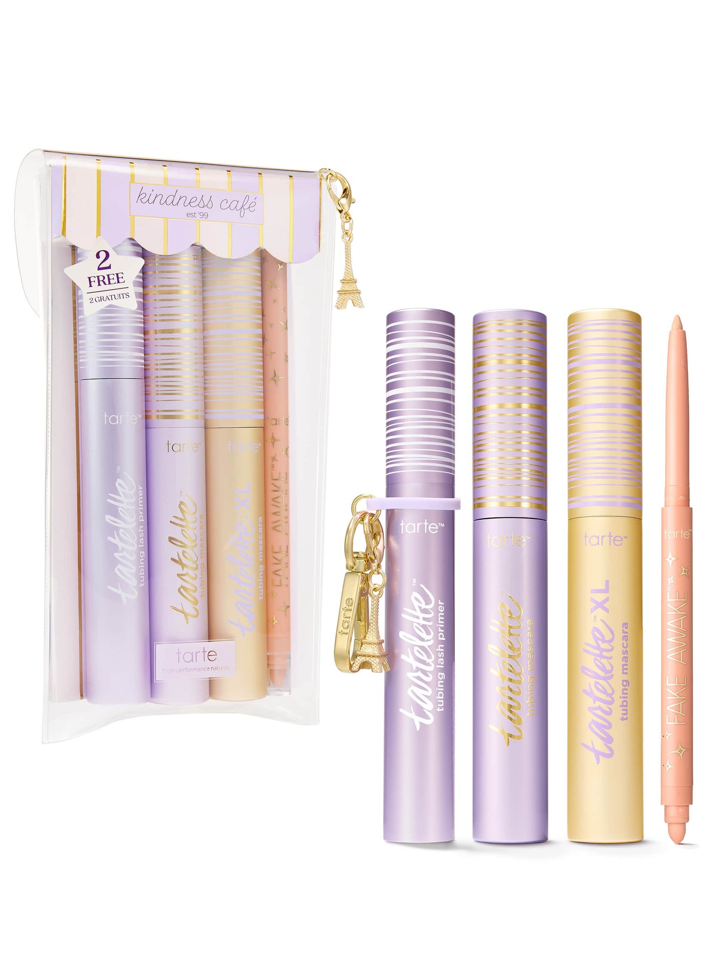Set of lip products including lip glosses and a lip liner with packaging on a white background