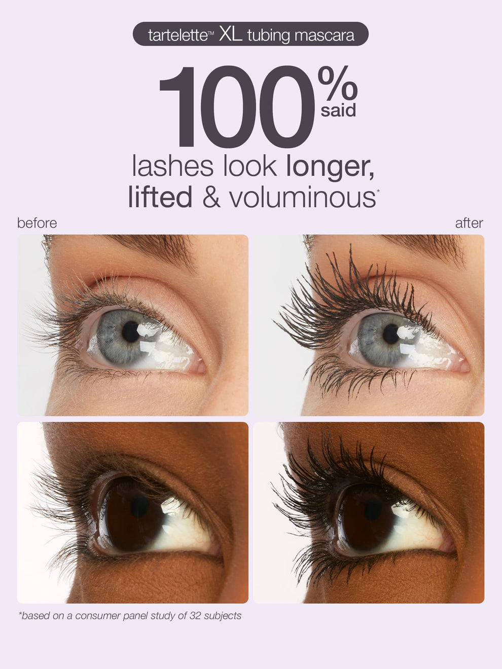 Advertisement for tartelette XL tubing mascara showing before and after effects on eyelashes.