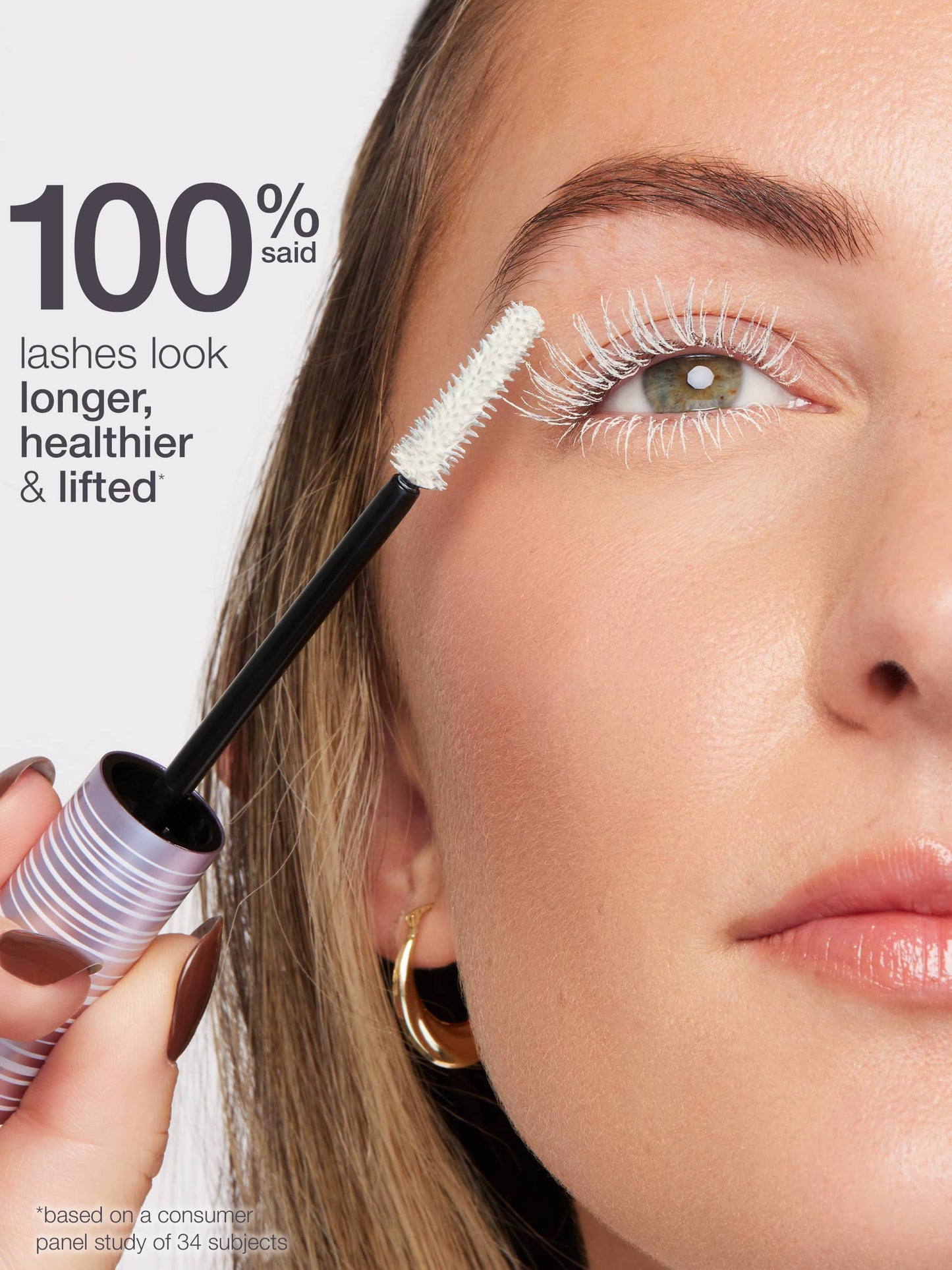 Woman applying mascara with text indicating product benefits