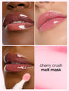 Four close-up images show glossy lips with varying pink shades. A person applies a lip product with an applicator. The bottom image includes the text cherry crush melt mask.