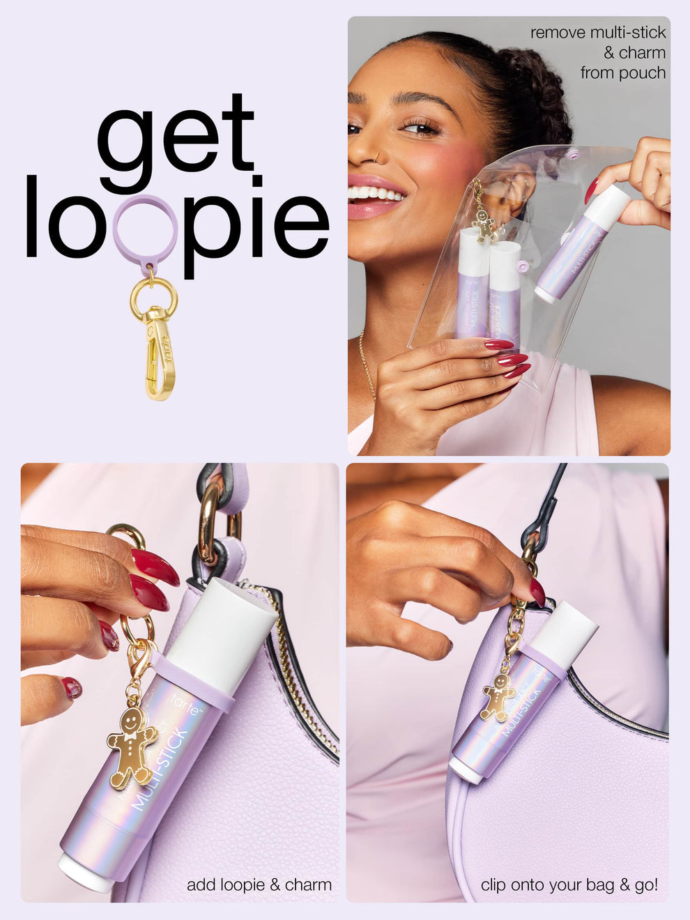 Advertisement for a product with a charm and packaging, featuring a woman holding it.