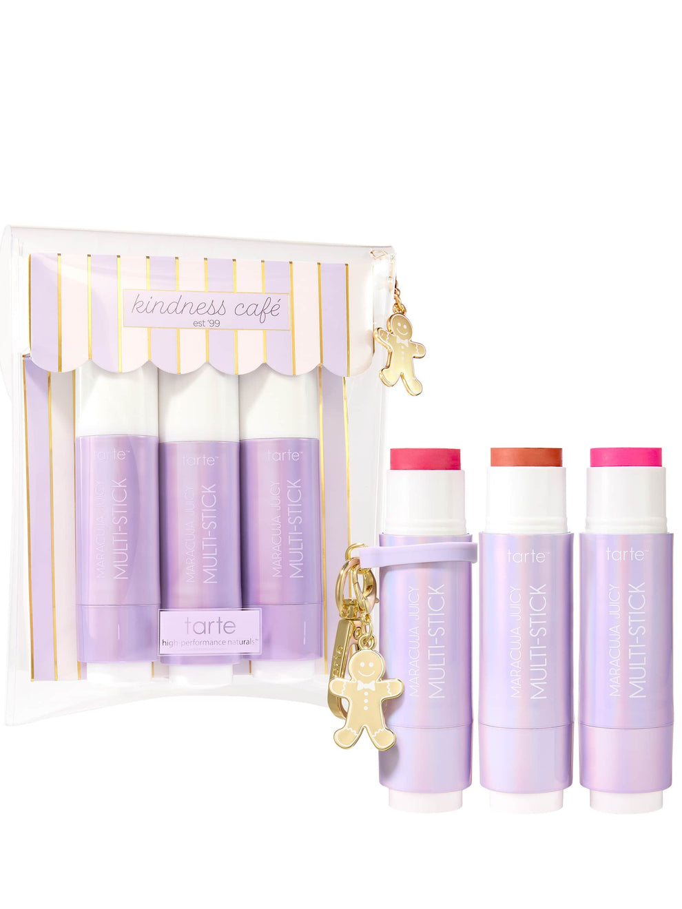 Tarte lip product set with lip balms and lip glosses in a 'kindness cafe' packaging on a white background.