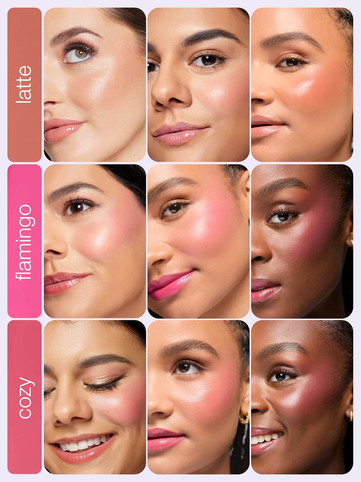 Collage of women's faces with blush applied, labeled 'latte', 'flamingo', and 'cozy'.