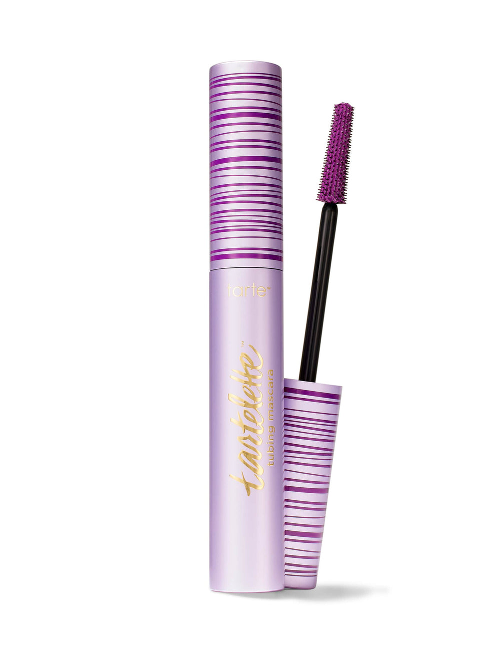 Mascara with purple and white striped packaging on a white background