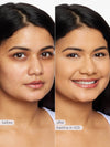 Two side-by-side portraits show a woman with different makeup states. Left image: no makeup, labeled before. Right image: wearing makeup, labeled after. Both feature natural lighting and a neutral background.
