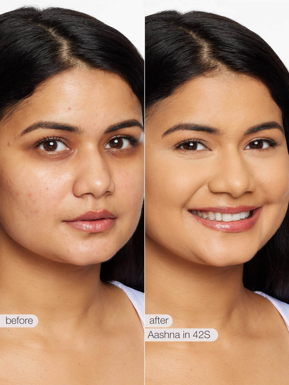 Two side-by-side portraits show a woman with different makeup states. Left image: no makeup, labeled before. Right image: wearing makeup, labeled after. Both feature natural lighting and a neutral background.