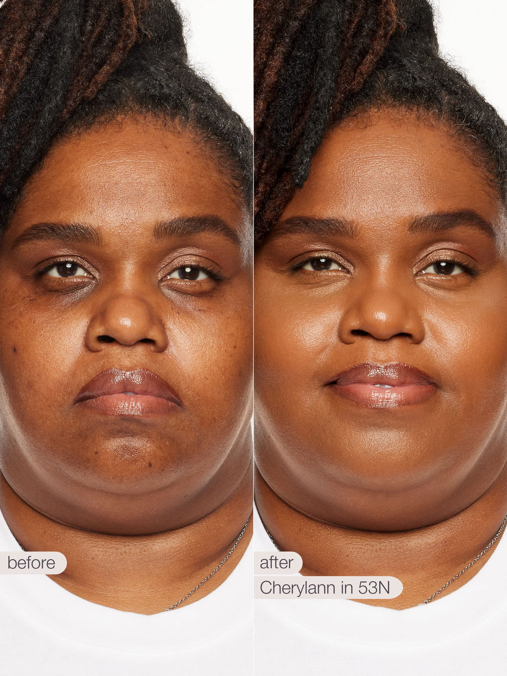 Two photos of the same person side by side show a comparison. The left side is labeled before, and the right side is labeled after: ShapeTape™ & CC. The context is plain white.