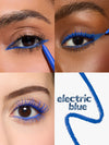 Close-up of eyes with blue eyeliner and 'electric blue' text.