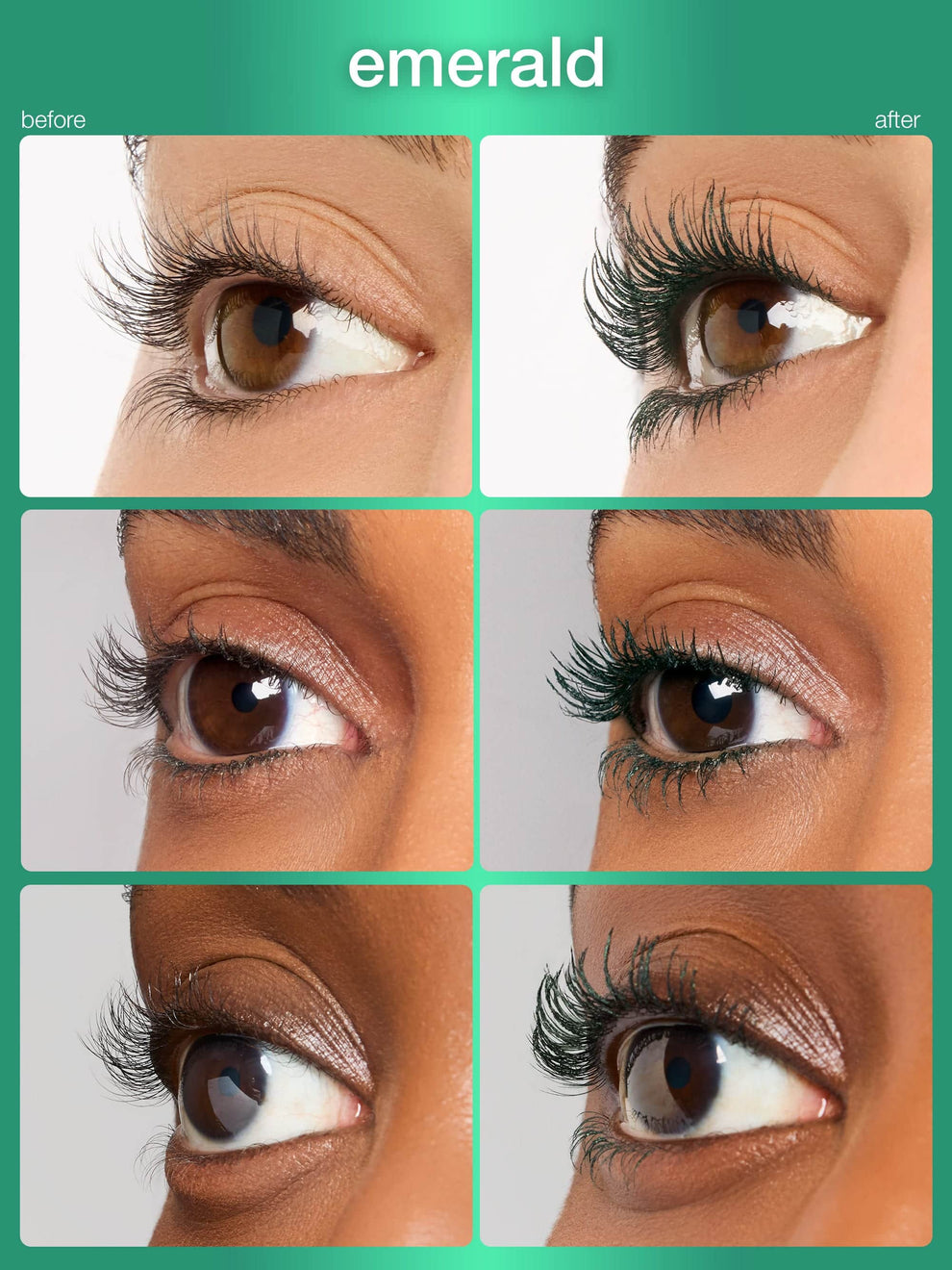 Before and after comparison of eyelash extensions with 'emerald' color label.
