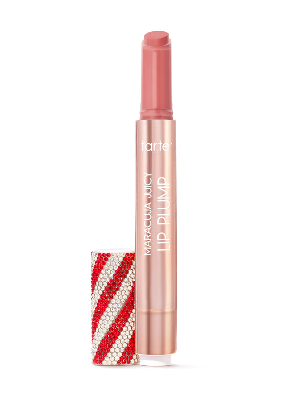 Tarte Maracuja Juicy Lip Plump with limited edition holiday cap on a white background in shade peppermint swirl