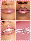 Four-panel close-up collage showing glossy pink lips wearing a tarte maracuja juicy lip plump, with swatch panel reading peppermint swirl