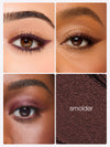 Makeup product with close-up of eye color and texture swatch labeled 'smolder'.
